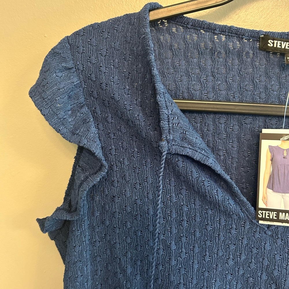 NWT Steve Madden Y2K blue Steve Textured Cap Sleeve Top tassel ties size M - Picture 3 of 11